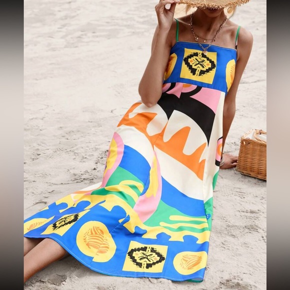 New Vibrant Abstract Geo Print Smocked Shirred Back Cami Dress - Picture 6 of 7